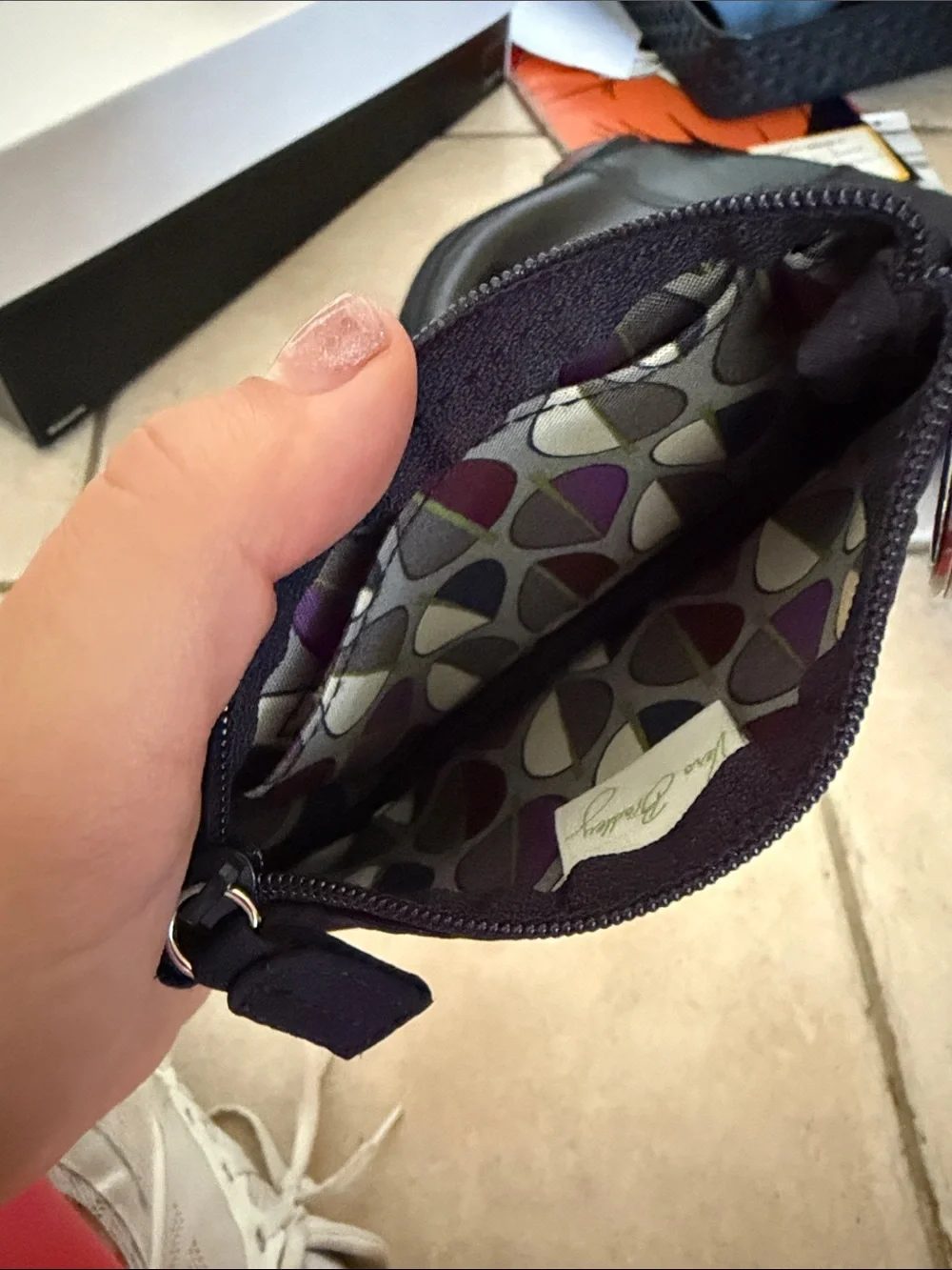 Vera Bradley Navy Zip Card Case Keychain with Patterned ID Window